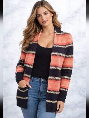 Old Navy Navy Blue & Pink Stripe Open Front Cardigan (Size :Med )